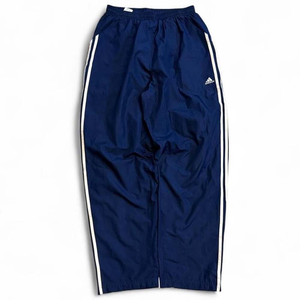 Adidas Nylon Track Pants Size L Navy Blue Three Stripe Windbreaker